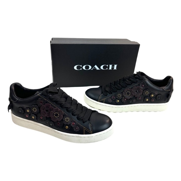 Coach Tea Rose Low Top, Leather Sneakers Black/Floral Details Women’s Size: 7.5 - Picture 4 of 16
